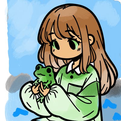 girl with long hair and a oversized shirt. and she is holding a frog