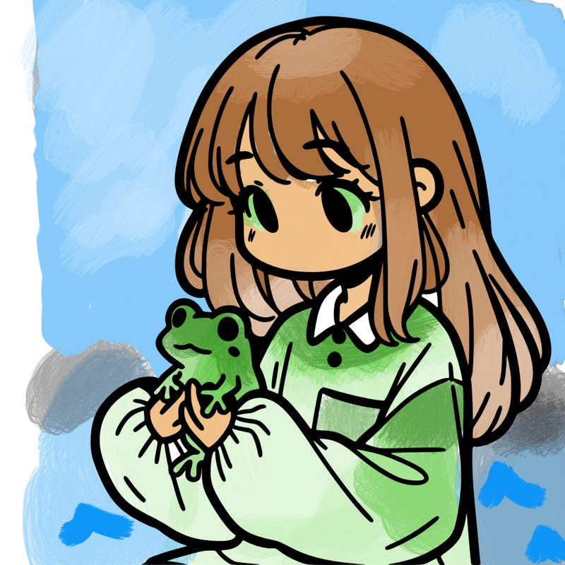 girl with long hair and a oversized shirt. and she is holding a frog
