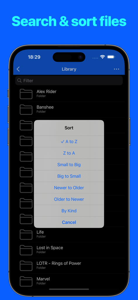 Menú de opciones de ordenación de archivos en la aplicación Explorador de Archivos y Reproductor en iPhone