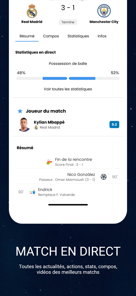 Made in FOOT - Interface de l'application Made in FOOT montrant les statistiques de match en direct, les scores et les notes des joueurs pour un match de football.