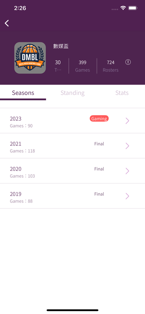 GoHoops app interface showing basketball league seasons and total games.