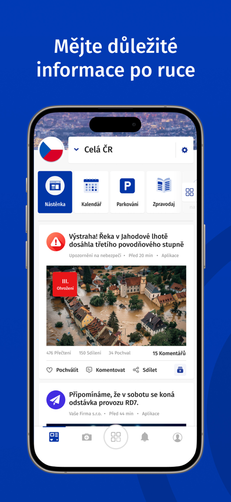 Écran mobile de l'application MUNIPOLIS affichant une alerte d'urgence inondation et les actualités officielles de la communauté locale.