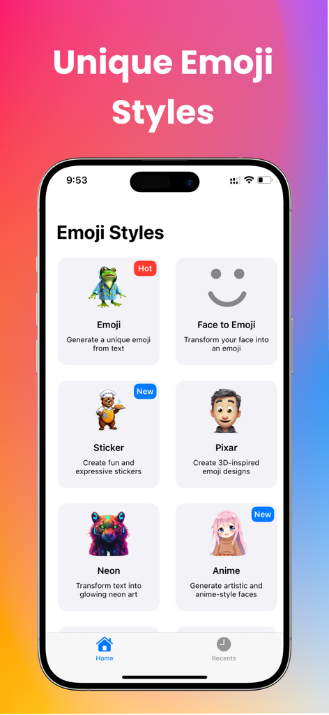 Interface of the AI Emoji Maker app showing various styles like Pixar, Anime, Neon, and Stickers.
