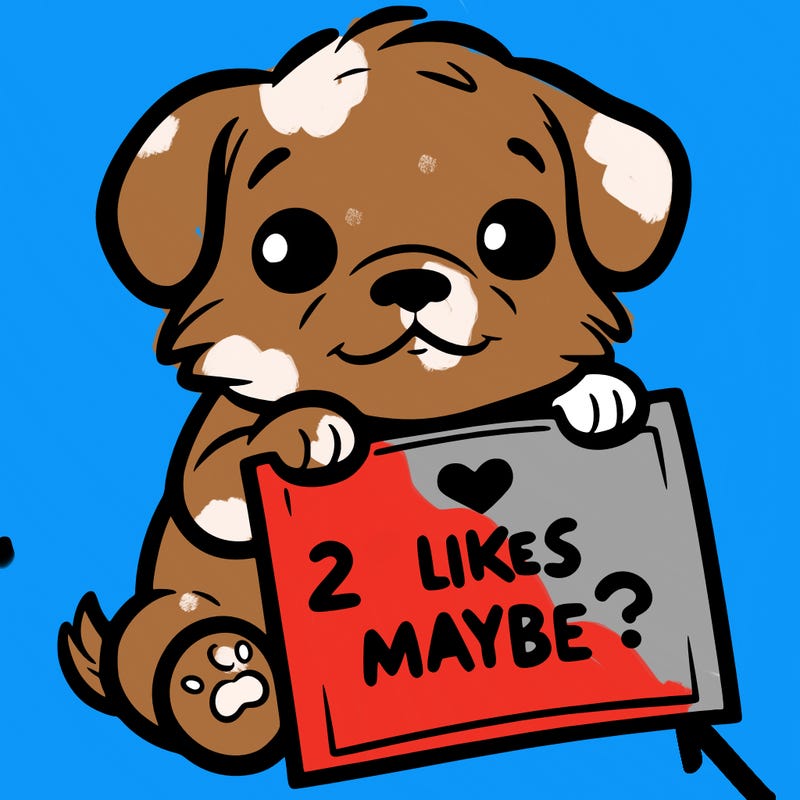 a puppy holding a sign that says 2 likes maybe?