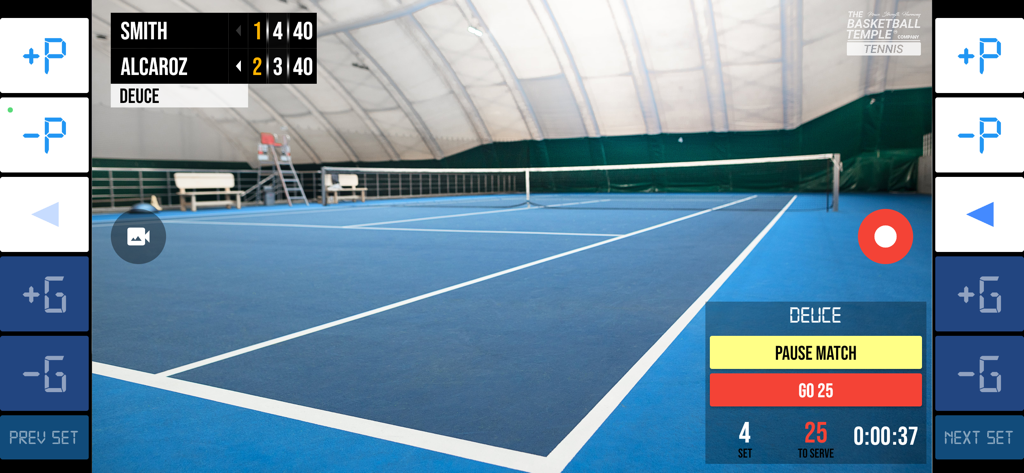 BT Tennis Camera app interface showing a tennis match recording with professional live score overlays