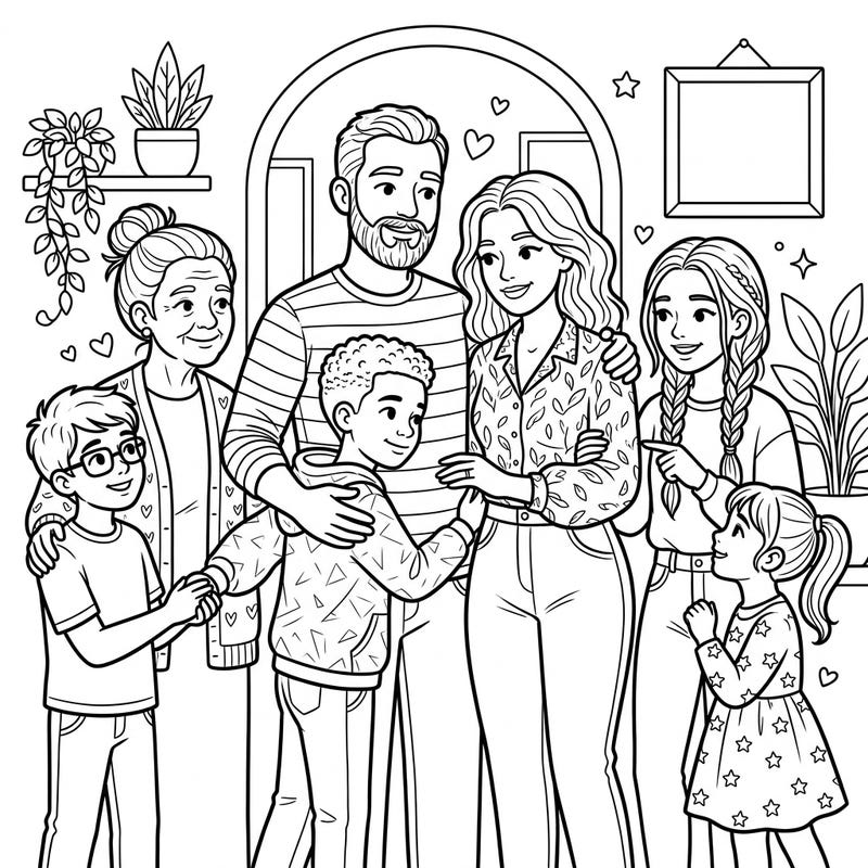 This heartwarming coloring page depicts a beautiful blended family, showcasing the special bonds between step-parents, step-children, and half-siblings. It's a wonderful way to celebrate diversity and love within modern families.