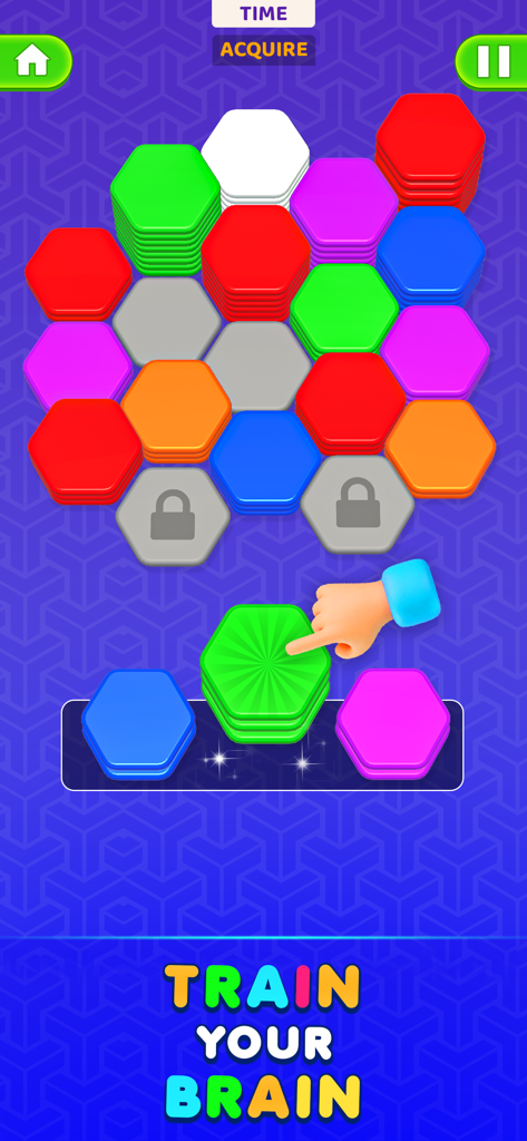 Hexa Sort Merge: Stack Colors - Brainを鍛えるというテキストが表示された、鮮やかな六角形タイルのスタッキングパズルゲームのスクリーンショット