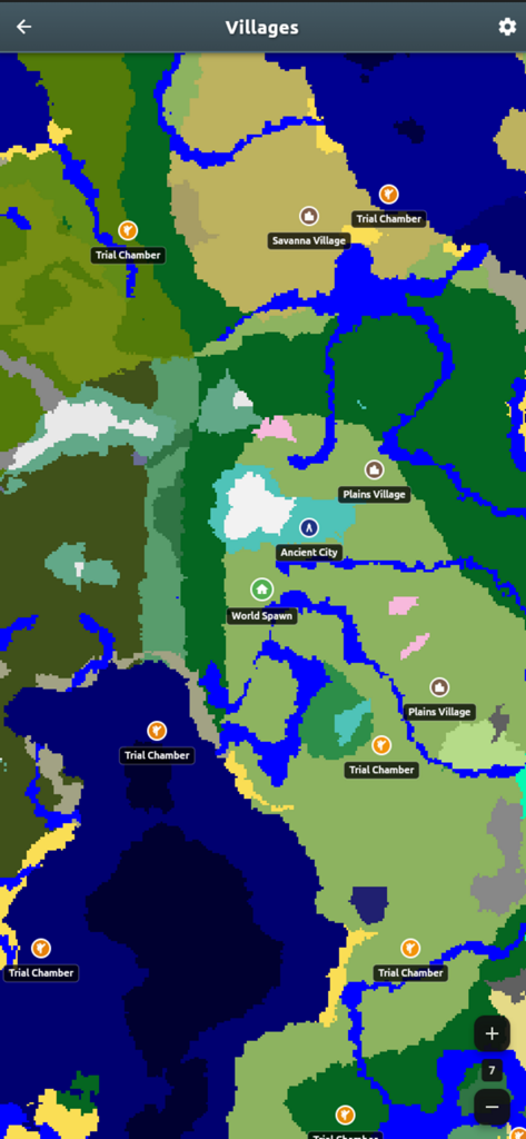 SeedMap - Explore Your Seeds - SeedMap app interface displaying a Minecraft world map with markers for villages and trial chambers