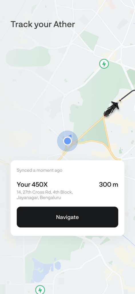 Interface de l'application Ather montrant une carte avec la localisation en temps réel d'un scooter électrique et un bouton de navigation