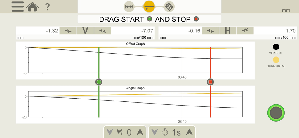 Easy-Laser XT Alignment measurement screen showing offset and angle graphs for precision maintenance.