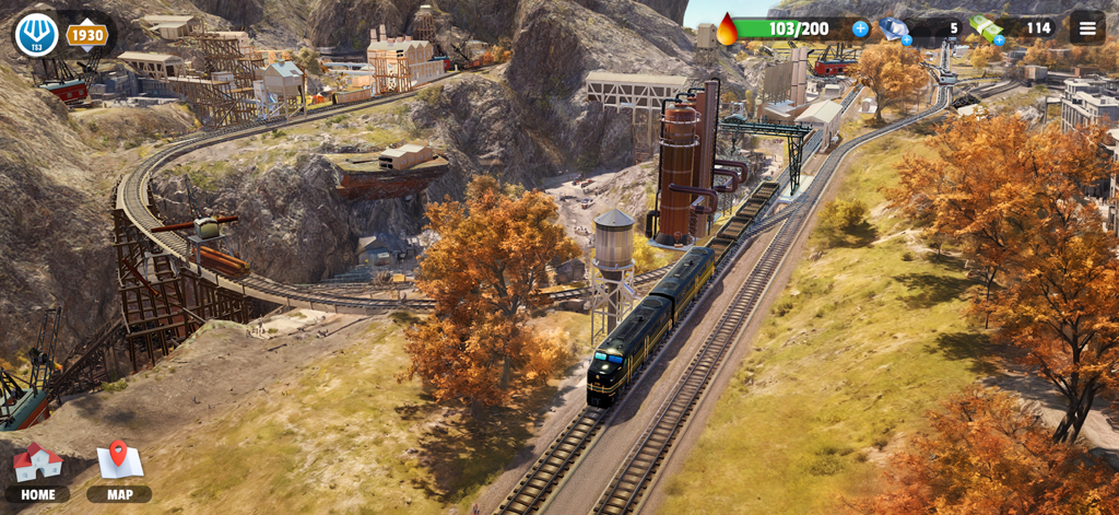 Train Station 3 - Una locomotiva diesel che trasporta merci attraverso un paesaggio montano industriale nel gioco mobile Stazione Ferroviaria 3.