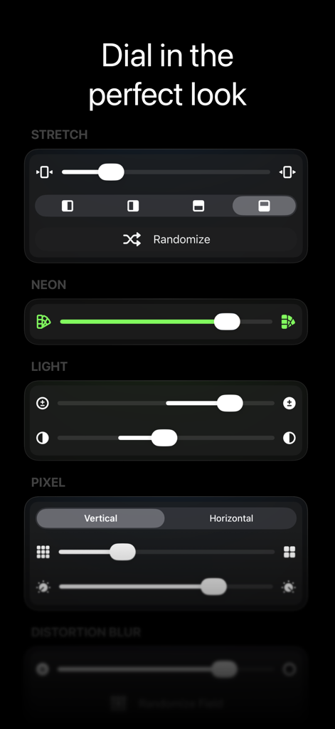 West - Photo & Video Editor - Interface of West Photo and Video Editor showing adjustment sliders for neon light and pixel effects