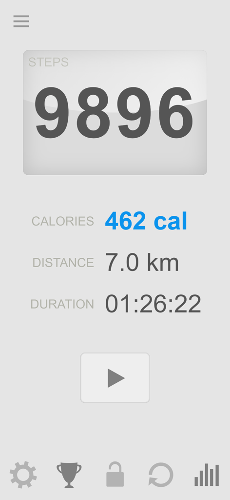 Step Counter - Calorie Counter - Step Counter app main screen displaying 9896 steps, 462 calories burned, and 7.0 km distance.