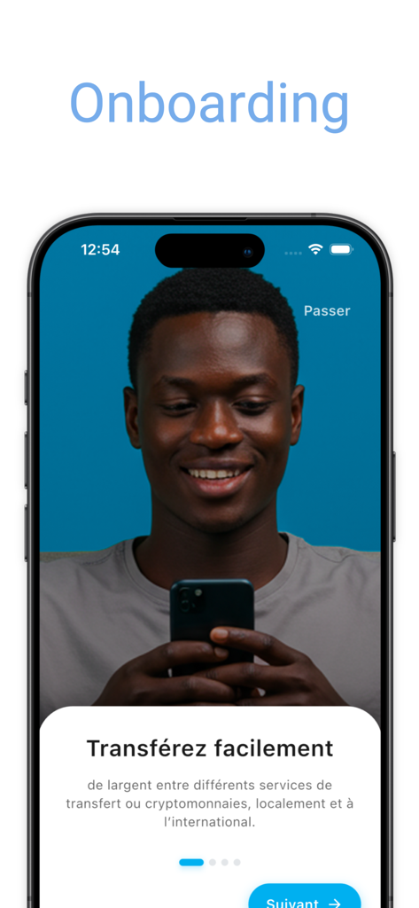 Dioko by JOTALI - Onboarding screen of the Dioko app showing a man using a smartphone for easy money transfers