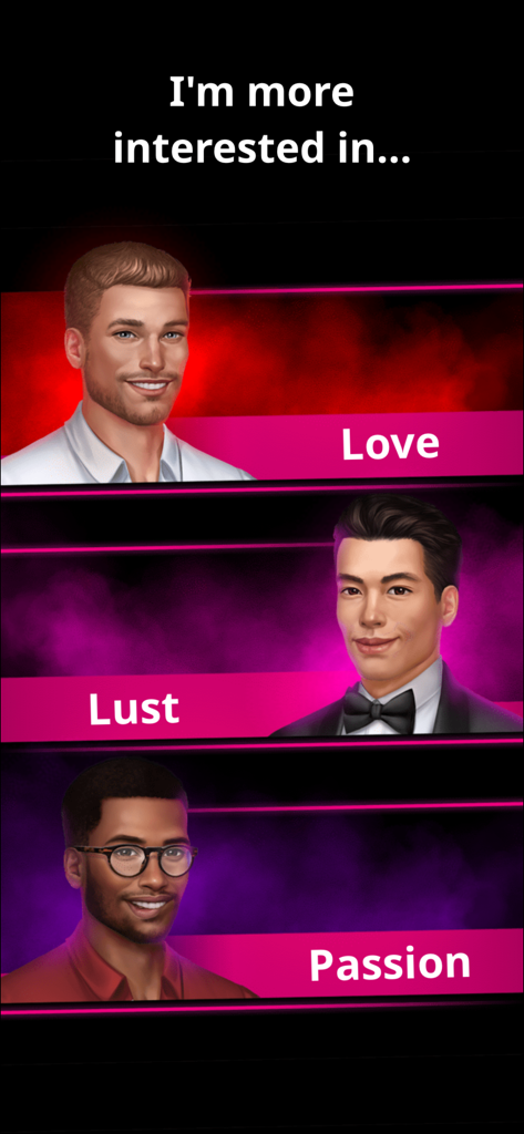In-app choice screen showing three male characters representing Love Lust and Passion
