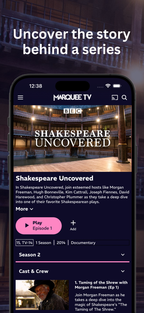 Marquee TV app interface showing the Shakespeare Uncovered documentary series.