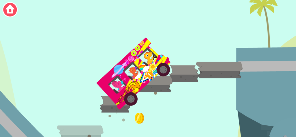 Dinosaur Bus: Kids Car Games - A pink decorated dinosaur bus climbing up stone stairs in a cartoon landscape