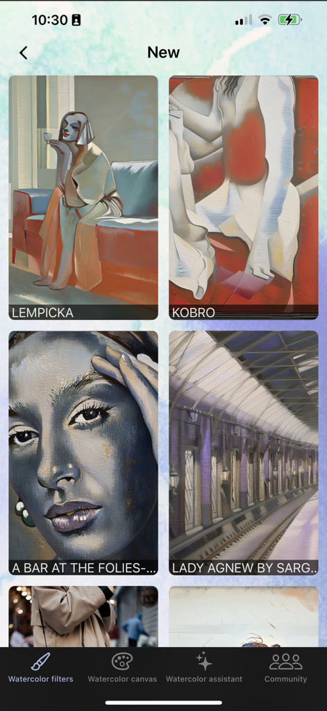 Una colección de filtros de arte de acuarela IA en la aplicación Aquarelle inspirados en estilos de artistas famosos.
