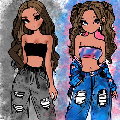 2 girls in crop tops and baggy jeans ripped