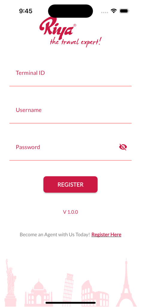 Riya Connect For Travel Agents - Interfaz de inicio de sesión y registro para el portal móvil B2B de agentes de viajes Riya Connect