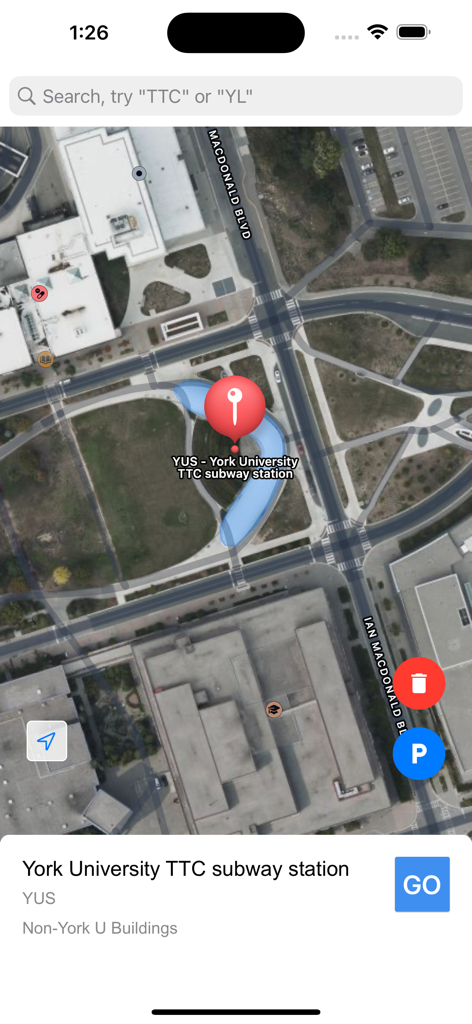 Satellite map view showing the location of the York University TTC subway station in the York U Maps app