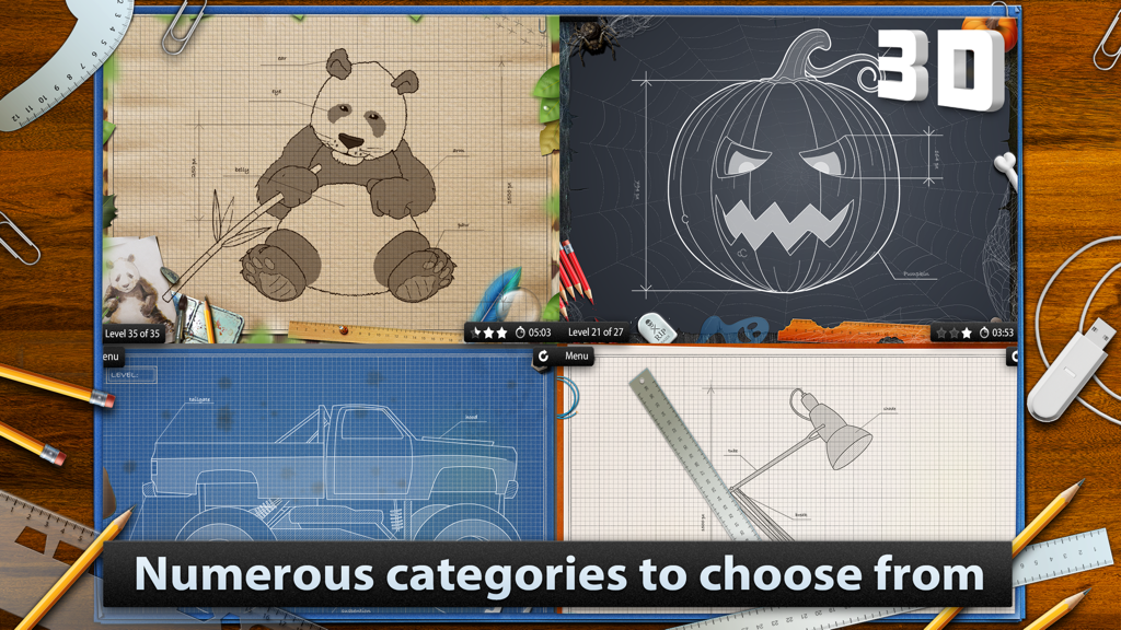 Blueprint 3D puzzle game screen showing different drawing themes like animals, architecture, and technology