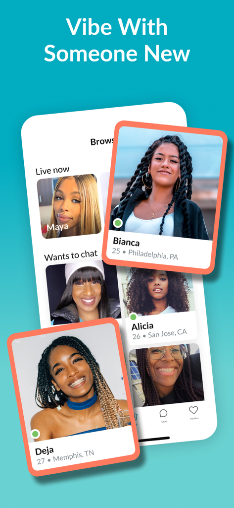 Tagged Dating: Chat & Go Live! - Interface of the Tagged Dating app showing diverse user profile cards and the headline Vibe With Someone New.
