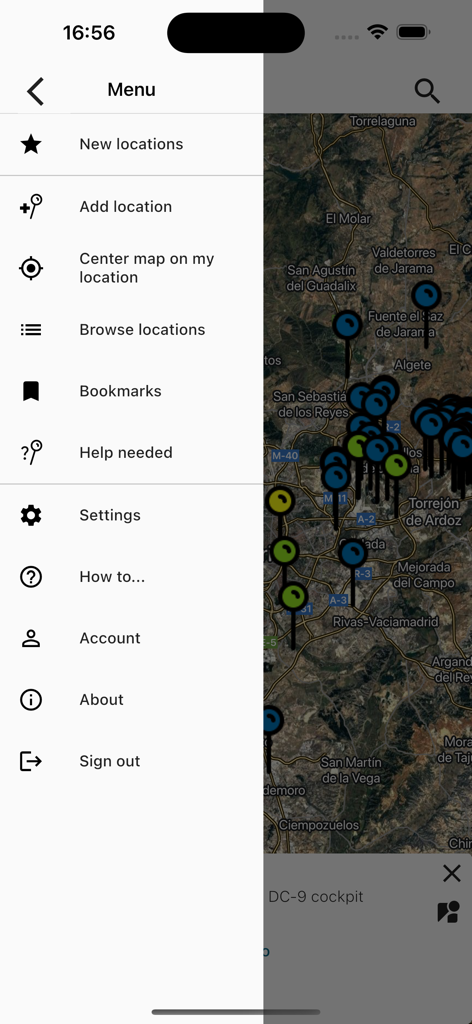 Wrecks & Relics - Side menu interface of the Wrecks and Relics app showing navigation features over a satellite map