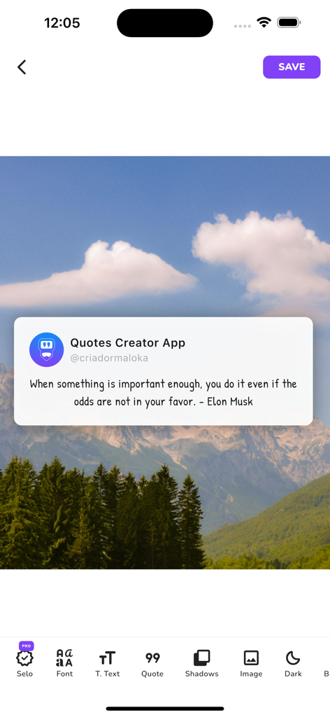 Ästhetischer Zitat-Post mit Elon-Musk-Zitat auf Berglandschaftshintergrund in der App-Oberfläche