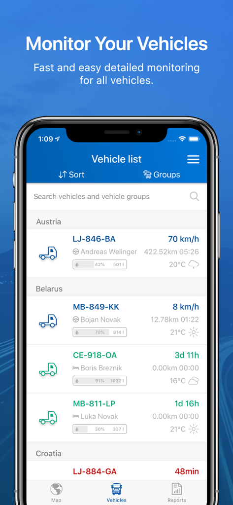 mobileMAP (by CVS / Eurowag) - App-Bildschirm zeigt eine detaillierte Liste von verfolgten Fahrzeugen mit Echtzeit-Geschwindigkeit und Kraftstoffstandsanzeigen