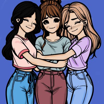 3 realistic girls hugging