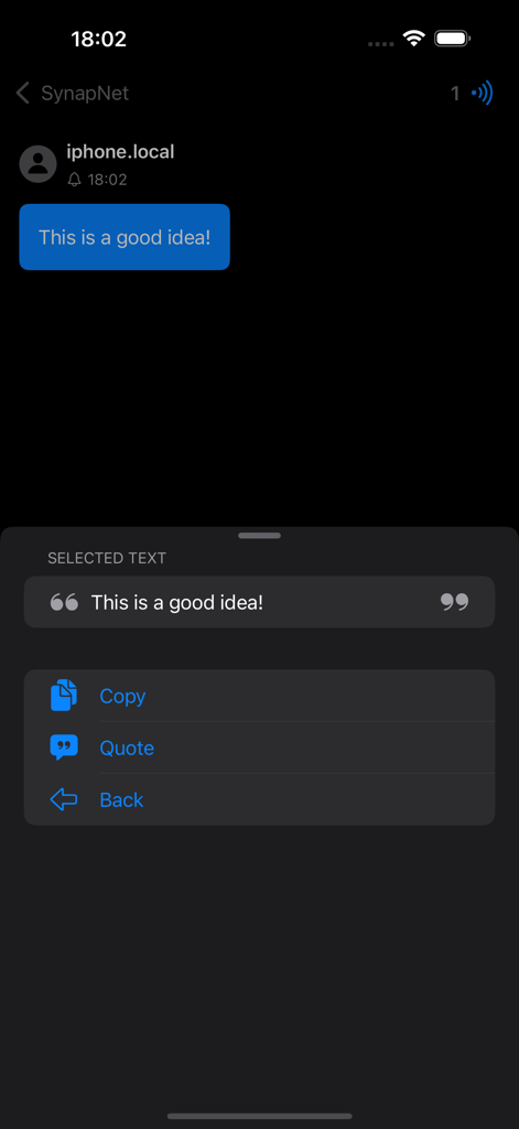 SynapNet - Offline Messenger - A message interaction interface in SynapNet offline messenger showing a context menu with copy and quote options for a selected text bubble