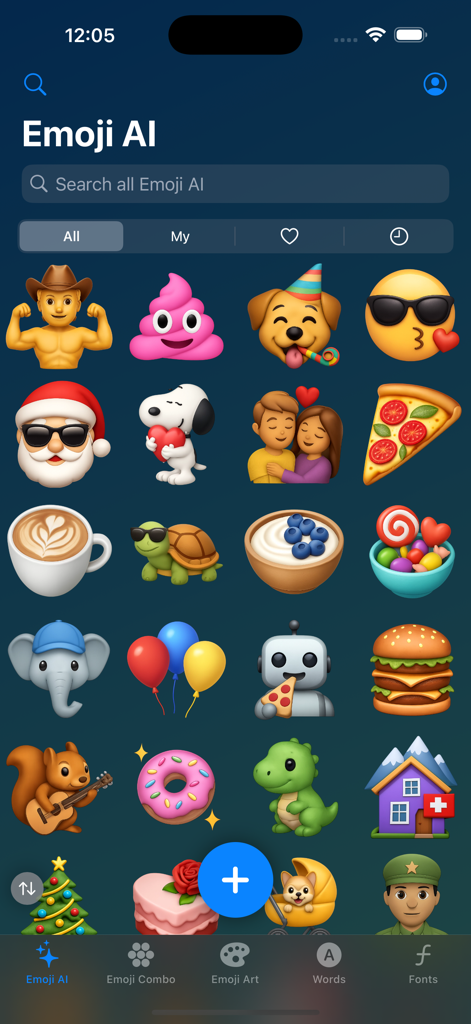 SMS Smileys: Emoji AI Stickers - Eine Benutzeroberfläche einer mobilen App, die eine Vielzahl von bunten KI-generierten Emoji-Aufklebern anzeigt, darunter Tiere, Lebensmittel und Charaktere