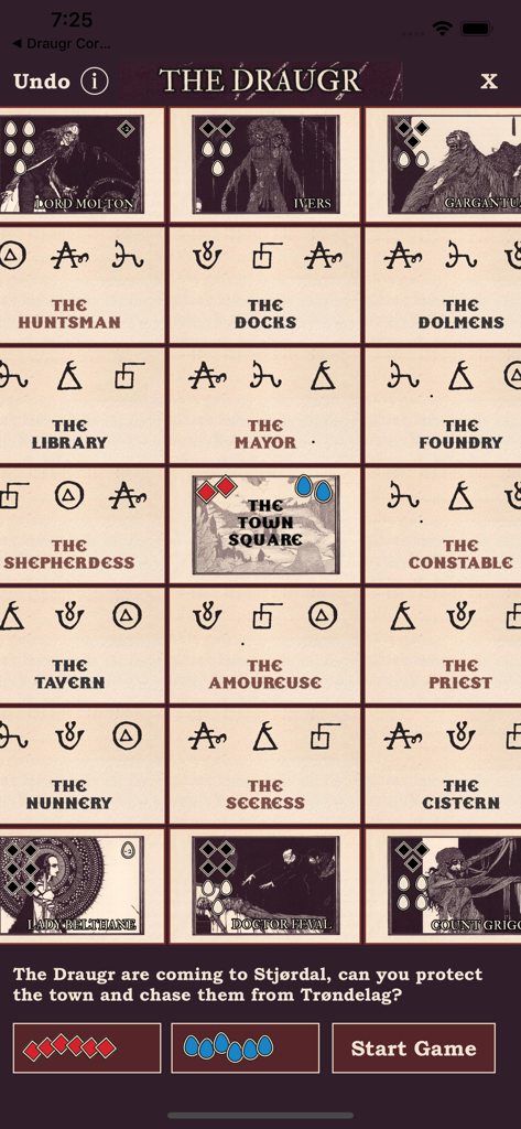 The Draugr - A grid of character and location cards in The Draugr mobile game showing a dark fantasy board game layout.