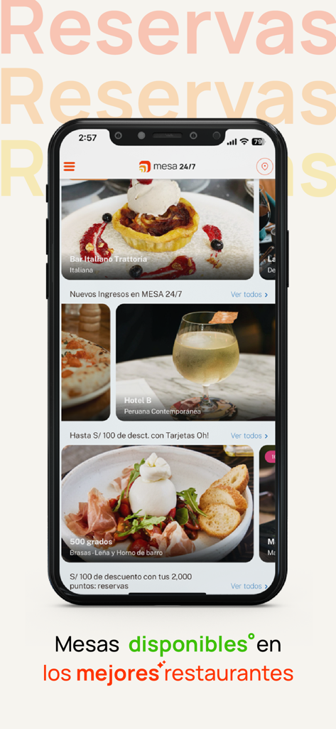 Interfaz de la aplicación móvil MESA 24/7 mostrando fotos de platillos de alta calidad y opciones de reserva de restaurantes en Perú y Chile
