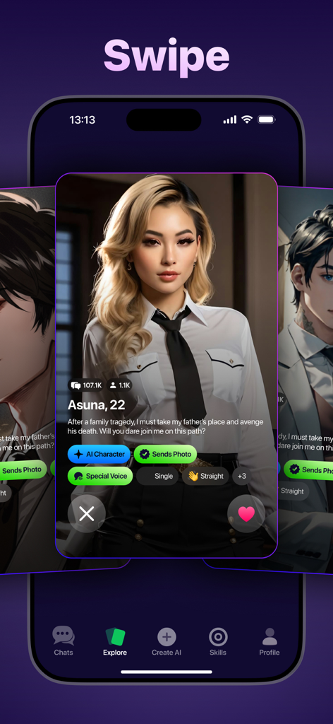 Interface of ChaChat app showing a swipe feature to discover and choose AI characters for roleplay.