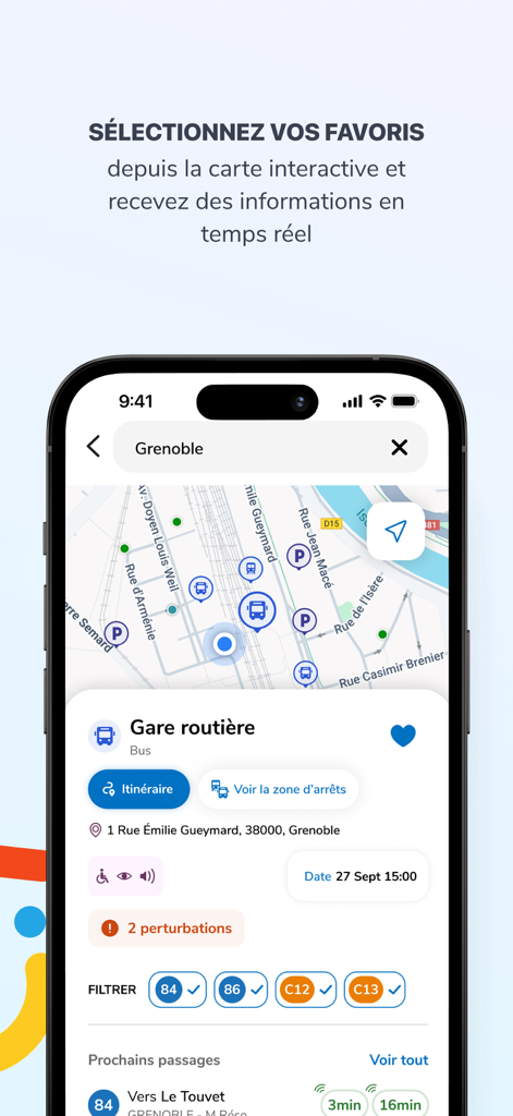 Oùra - Oura mobile app displaying an interactive transit map of Grenoble with real-time bus station information and favorites