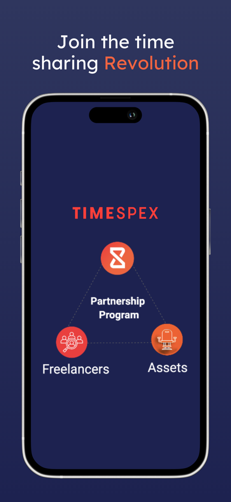 프리랜서와 비즈니스 자산을 연결하는 파트너십 프로그램을 보여주는 Timespex 모바일 앱 화면