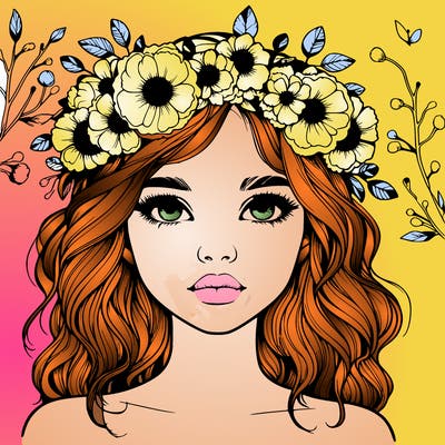 beautiful realistic girl with freckles and a flower crown