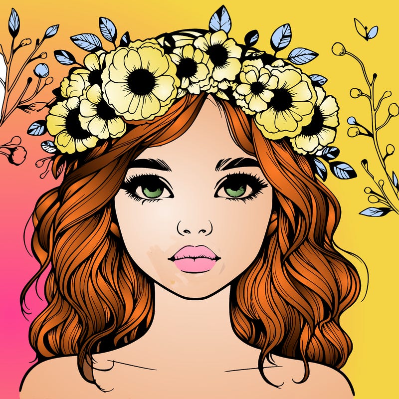 beautiful realistic girl with freckles and a flower crown