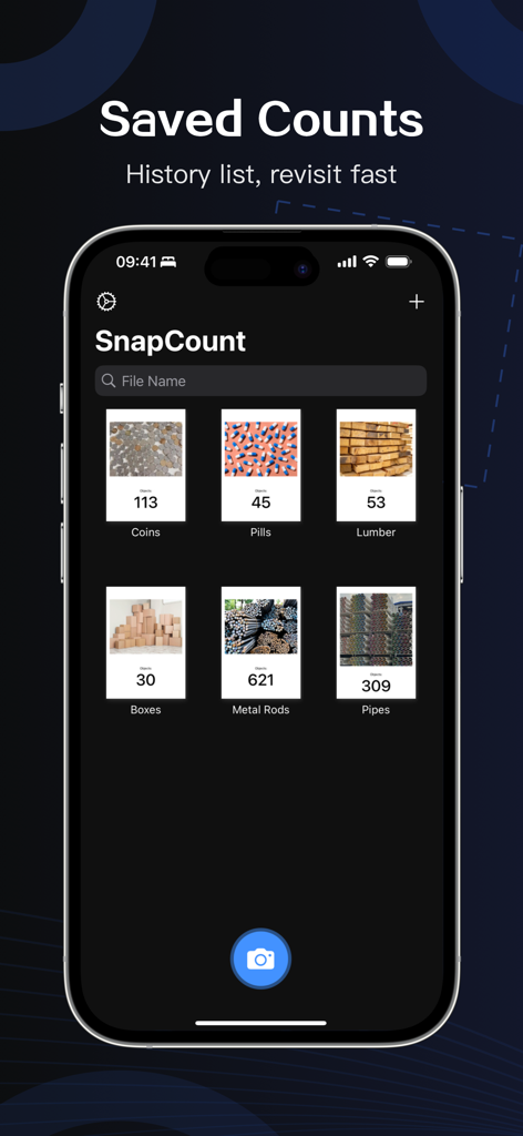 SnapCount: Photo Counter AI - La interfaz de la aplicación SnapCount mostrando una lista del historial de conteos de objetos guardados para varios artículos de inventario