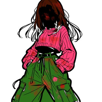 anime teen girl with baggy pants and crop top with sweater