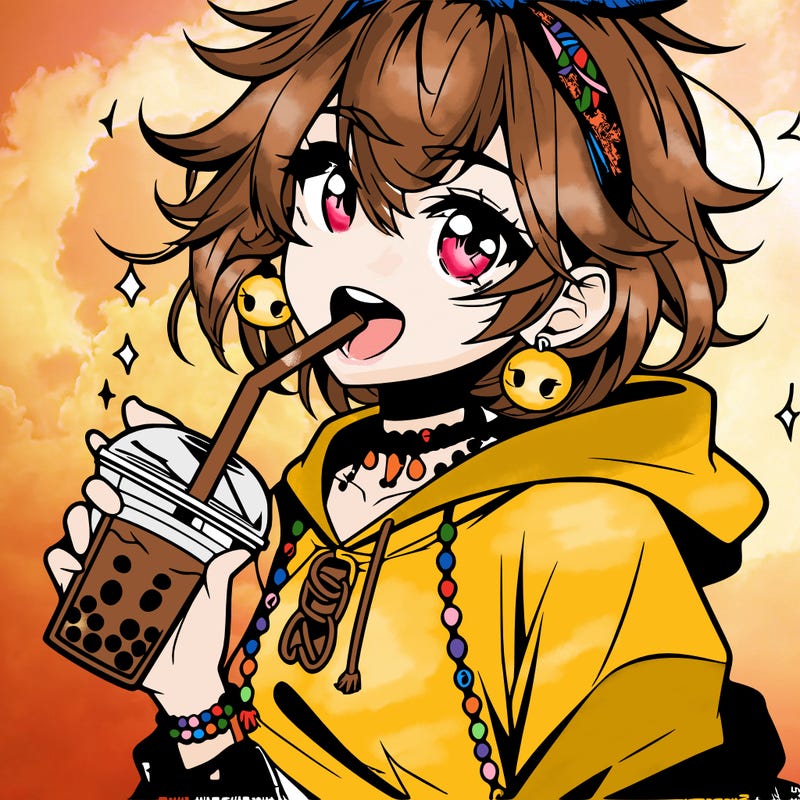 hot baddie anime girl drinking boba and biting the straw
