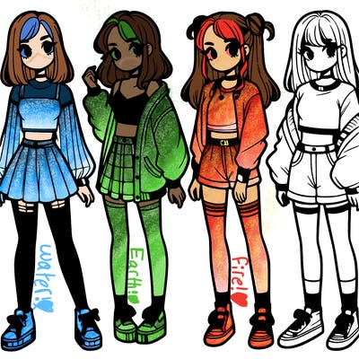 one girl with crop-top shirt and a jacket with a skirt, long socks and another girl with a shirt and pants with a jacket