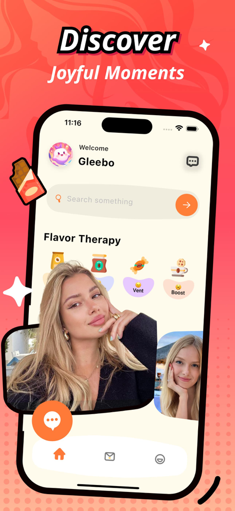 Gleebo app home screen interface showing flavor therapy options and joyful moments category