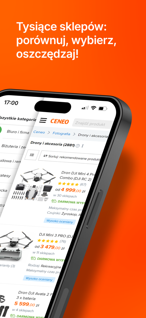 Ceneo mobile app interface showing price comparisons for drones in the Polish market
