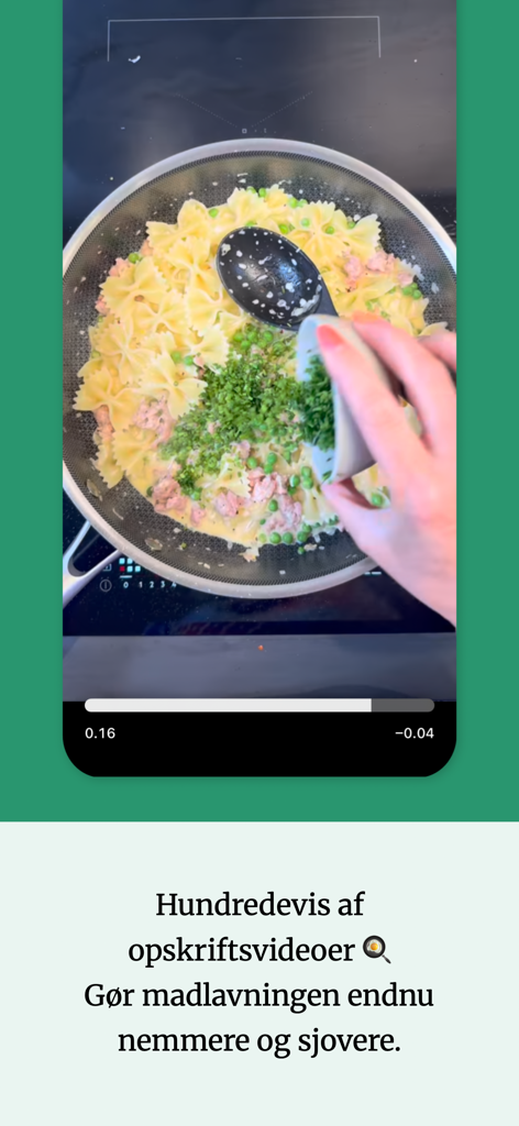 Demonstração em vídeo de culinária de um prato de massa com ervilhas e ervas na aplicação Gourministeriet