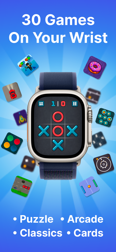 Apple Watch displaying Tic-Tac-Toe game surrounded by various mini-game icons like arcade and puzzle classics