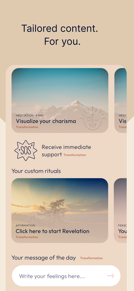 evolum - Meditation & Yoga - Evolum app dashboard showing tailored meditations and personalized daily rituals.
