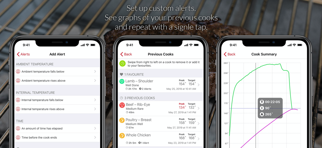 MEATER® Smart Meat Thermometer - Tres pantallas de iPhone que muestran las funciones de la aplicación MEATER para alertas de temperatura personalizadas, lista de historial de cocciones anteriores y un gráfico detallado del resumen de cocción.